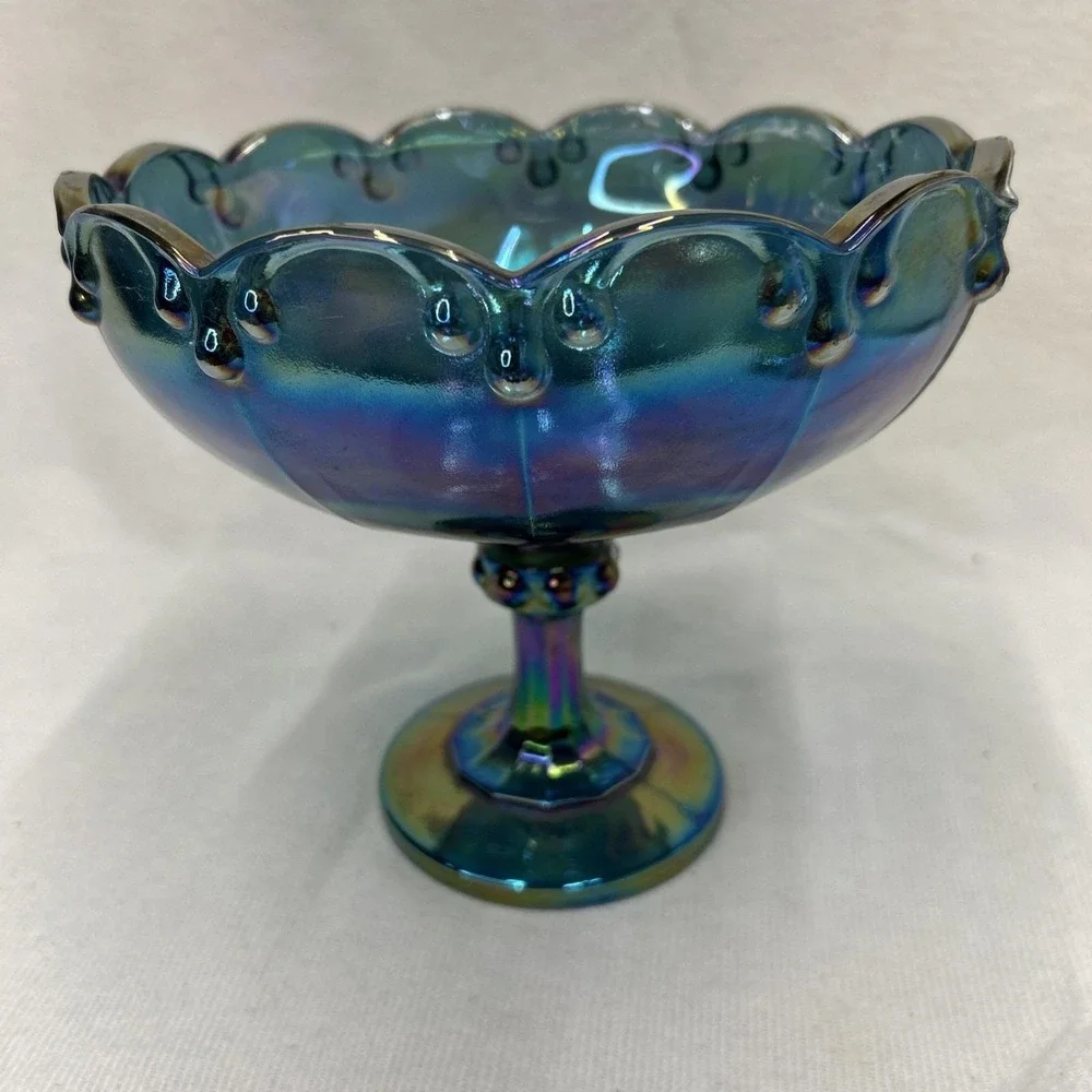 Vintage Indiana Glass Blue Carnival Glass Pedestal Compote Centerpiece Bowl